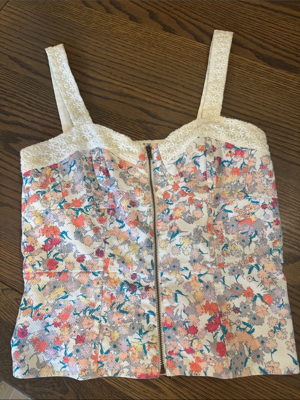 I Heart Ronson Floral Zip-Front Cropped bustier Tank Top size 4 Cream vintage